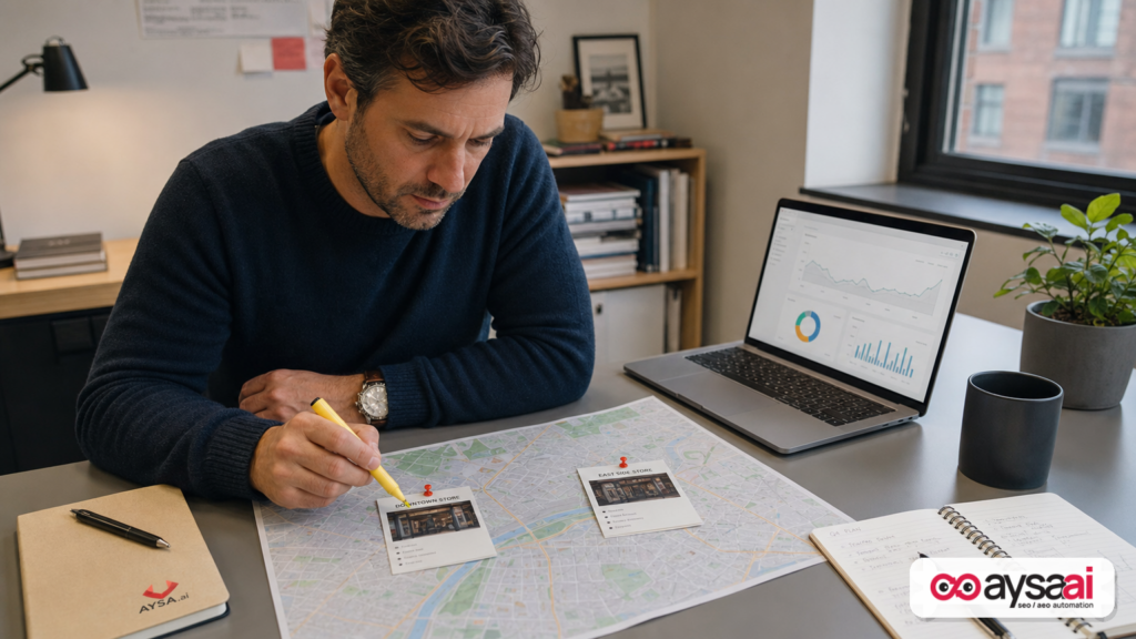 Business owner planning ad strategy across two store locations with a map and analytics notes.