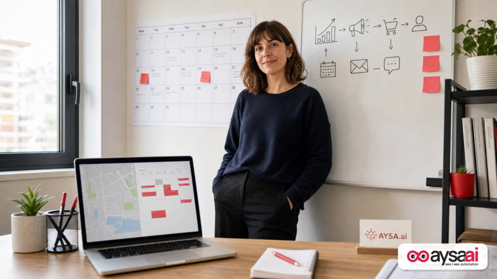 Business owner planning availability with a calendar and laptop, representing time-based personalization in AI search.
