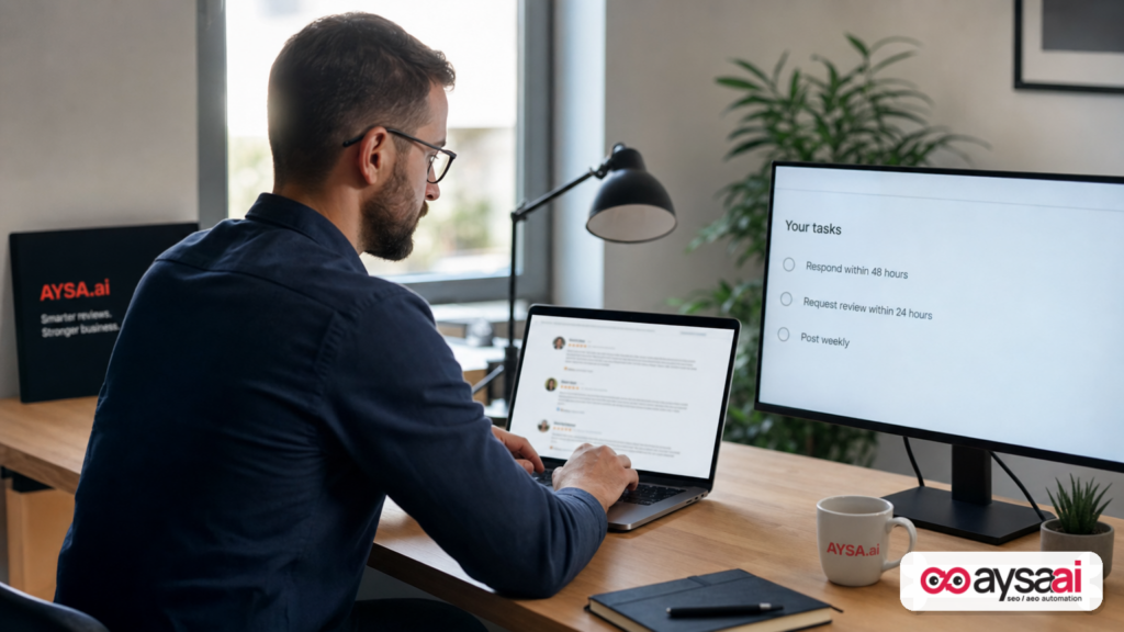 Business owner responding to reviews and managing recurring local SEO tasks.