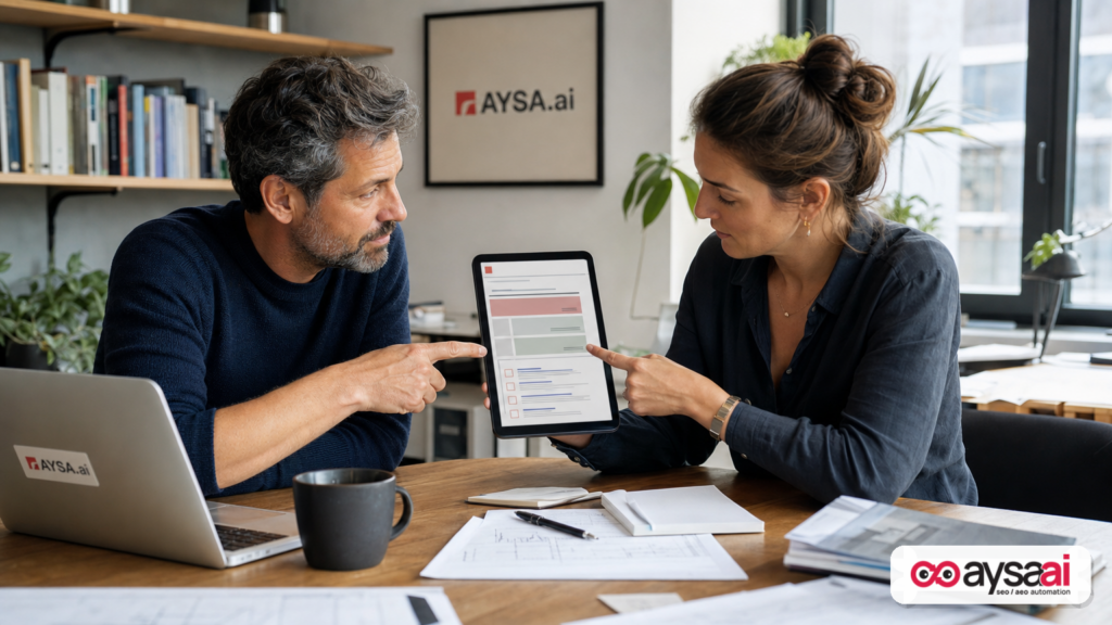 Business owner reviewing a crowded search results page where organic results appear far below ads and other features.