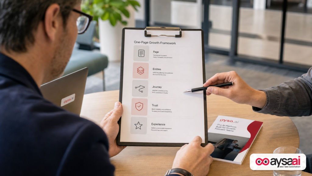 Business owner reviewing a five-layer clarity framework on a clipboard.