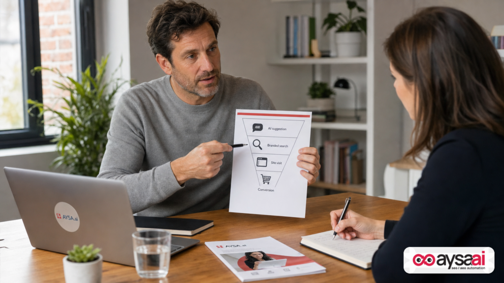 Business owner reviewing a printed funnel showing AI suggestion leading to branded search and a website visit.