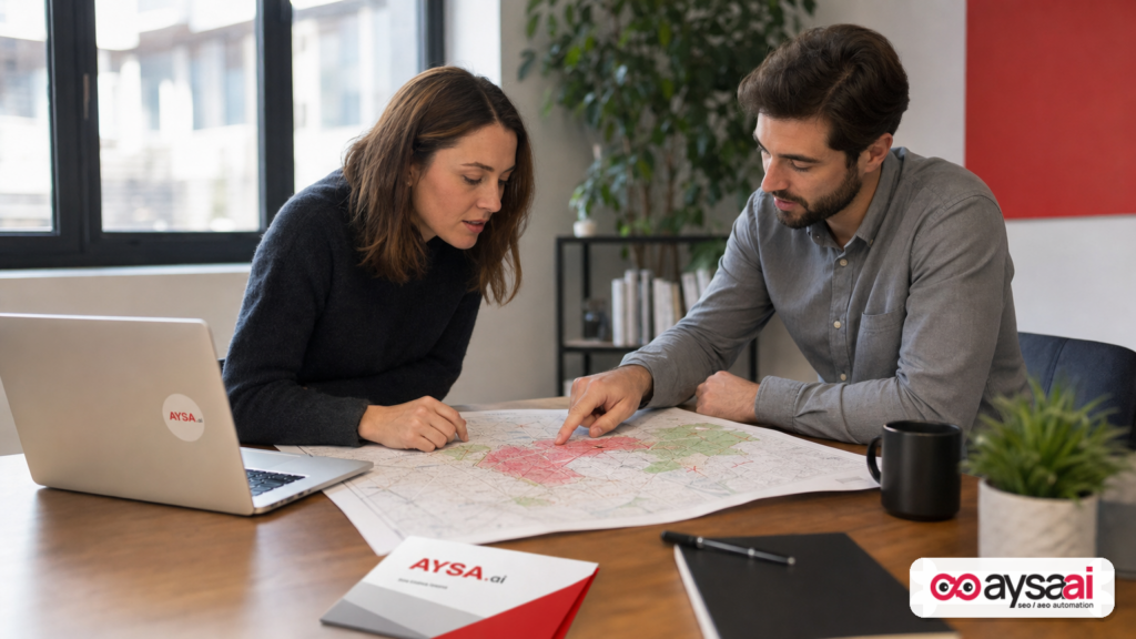 Business owner reviewing a service-area map with excluded regions marked