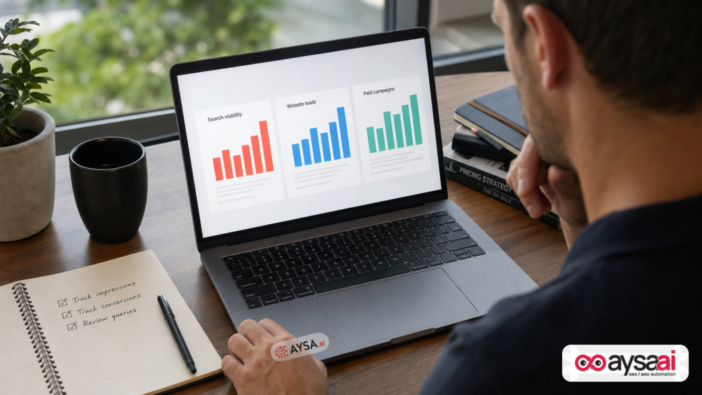 Business owner reviewing a simple visibility and conversion dashboard on a laptop.