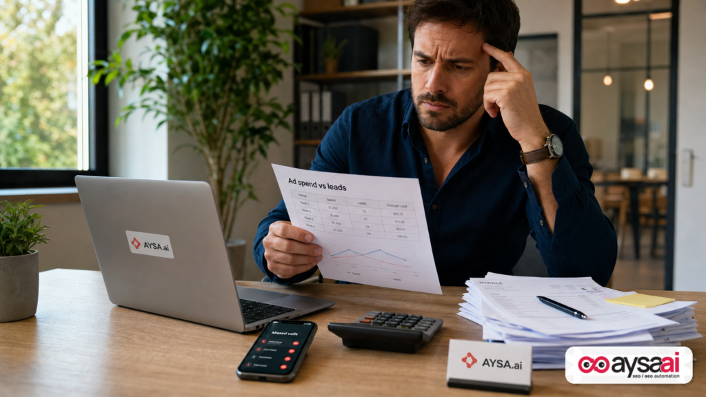 Business owner reviewing ad spend and lead volume after noticing wasted budget from invalid clicks.