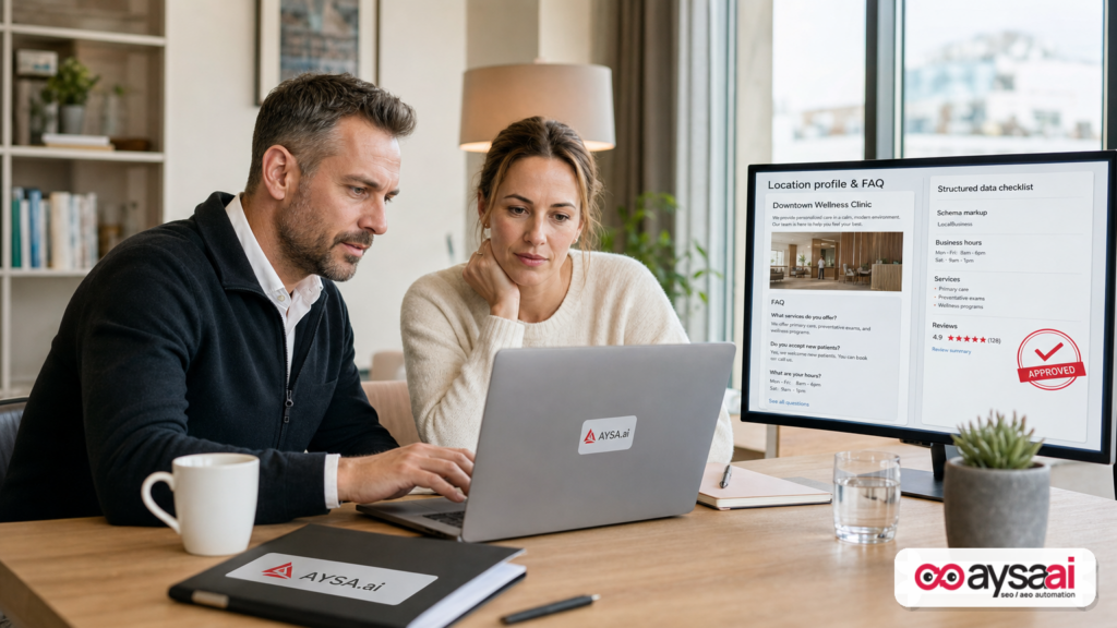 Business owner reviewing location information and structured data checklist for AI search visibility.