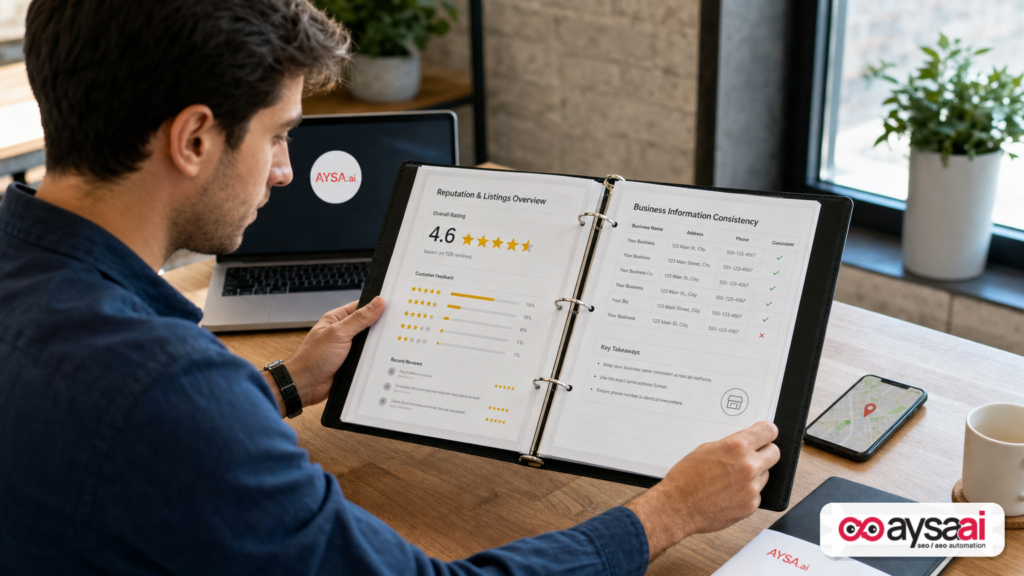 Business owner reviewing reputation and directory consistency materials as trust signals.
