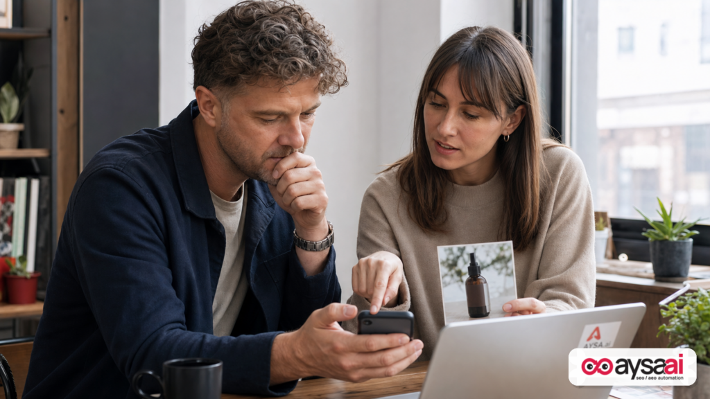 Business owner reviewing search visibility across mobile and desktop.