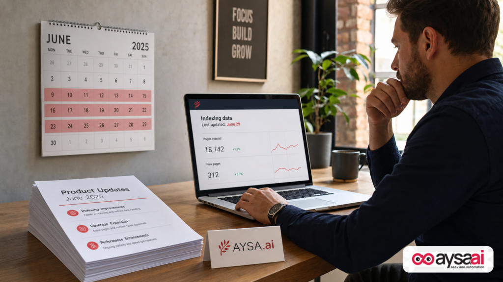 Calendar highlighting a three-week reporting delay next to a laptop showing an indexing data update date.