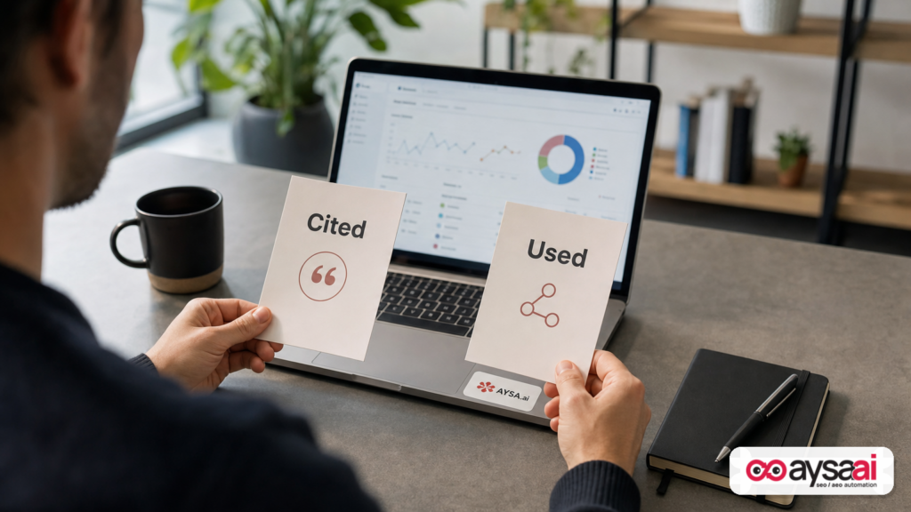 Cards illustrating the difference between being cited and being used as a signal in AI search.