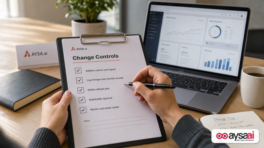 Change control checklist for validating AI-generated recommendations before implementing them.