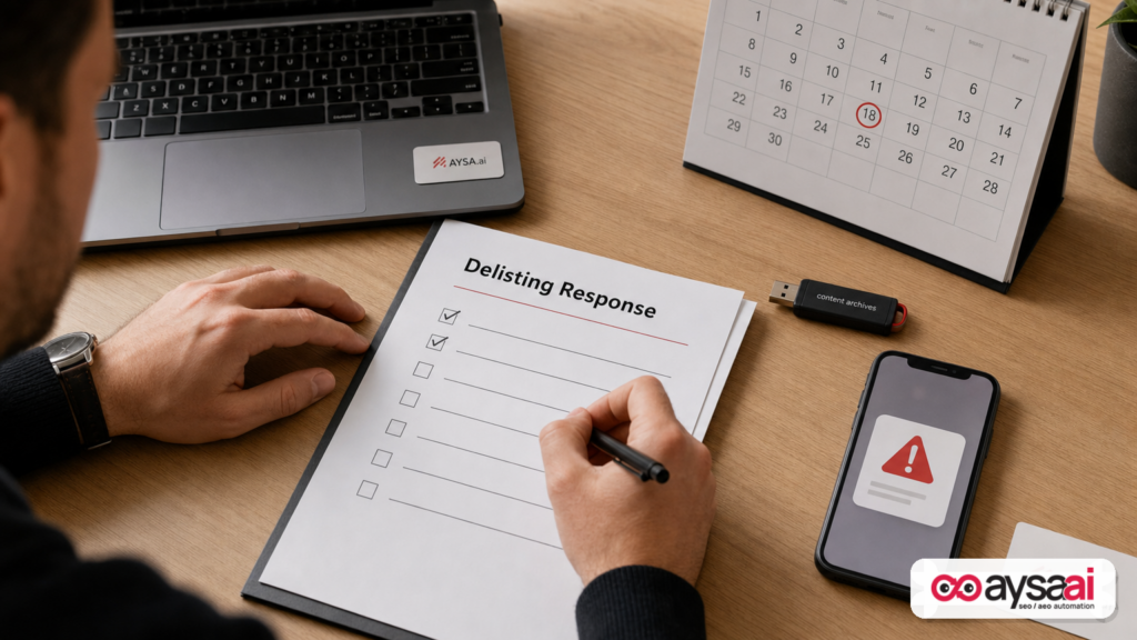 Checklist and tools for responding quickly to a search delisting notice.
