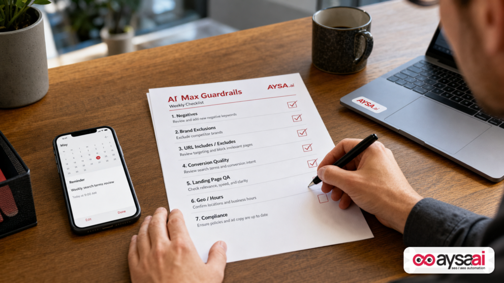 Checklist for AI Max guardrails including negatives, brand exclusions, URL rules, and conversion quality checks.