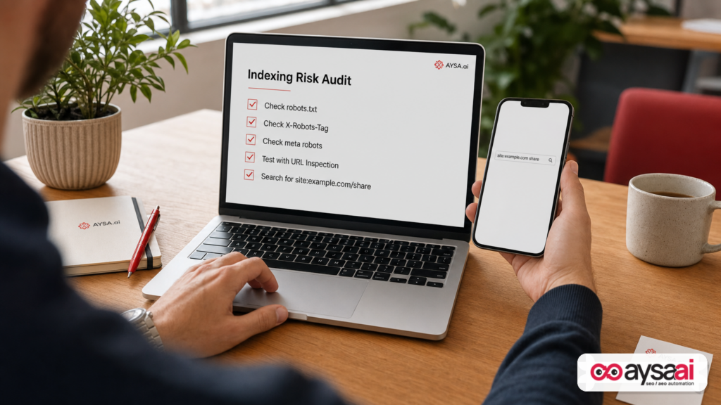 Checklist for an indexing risk audit with steps like checking robots.txt and noindex directives.