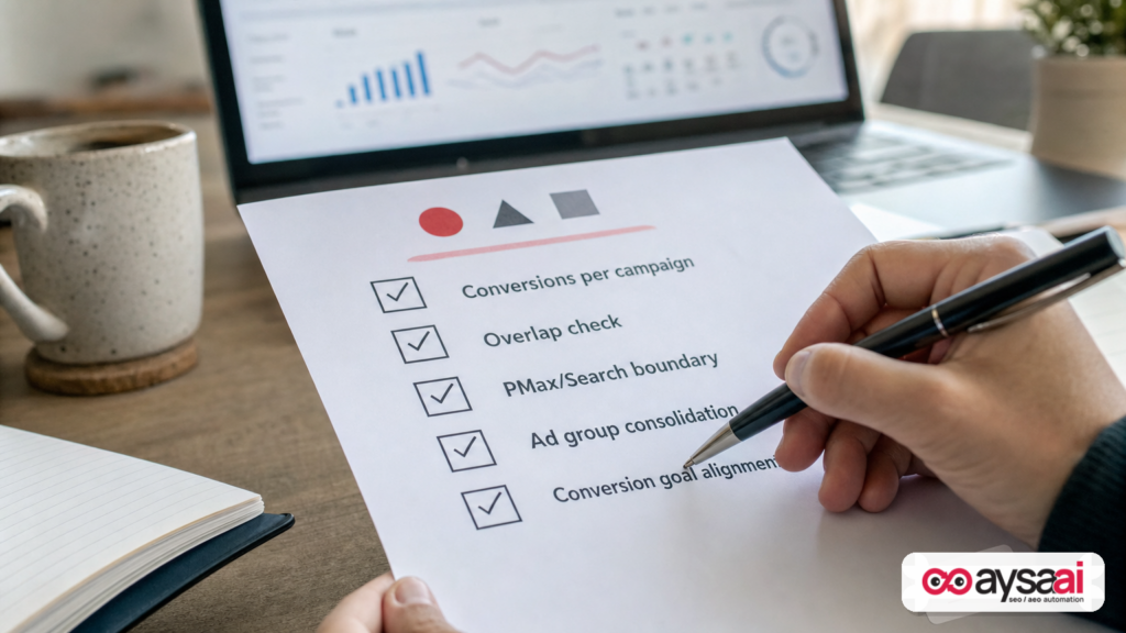 Checklist for auditing and consolidating Google Ads campaign structure.