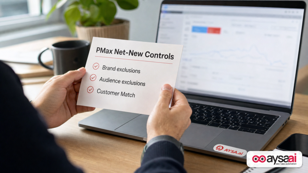 Checklist of controls for net-new acquisition in Performance Max beside a laptop.