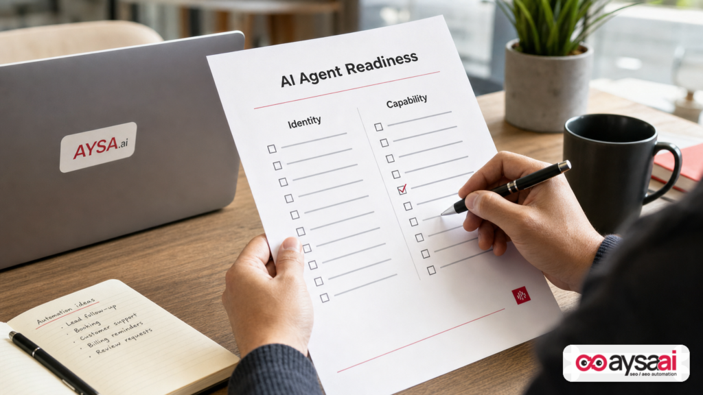 Checklist showing identity vs capability steps for AI agent readiness on a desk.