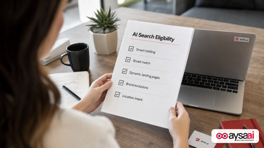 Checklist-style desk scene representing AI Search ad eligibility requirements and campaign controls.