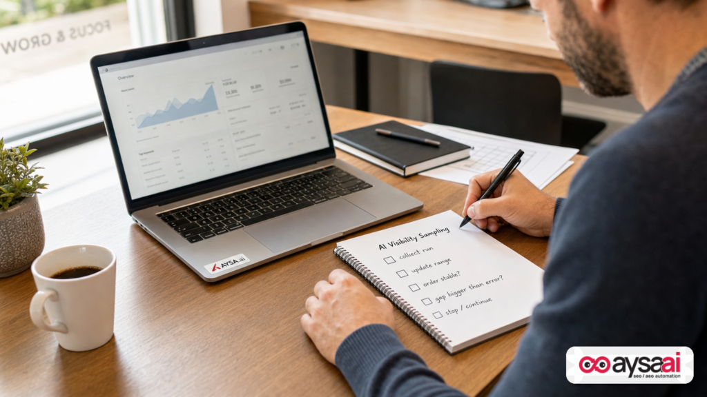 Checklist workflow for deciding when AI visibility sampling is sufficient to trust rankings.