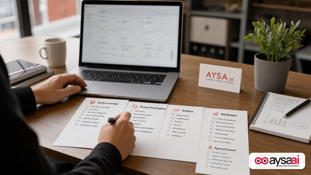 Checklists for AI search visibility, product data, and approved execution workflows.