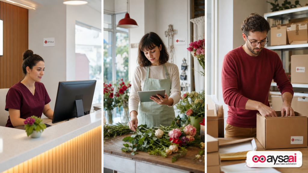 Clinic, florist, and ecommerce operators using devices to represent AI agents booking, ordering, and updating customers.