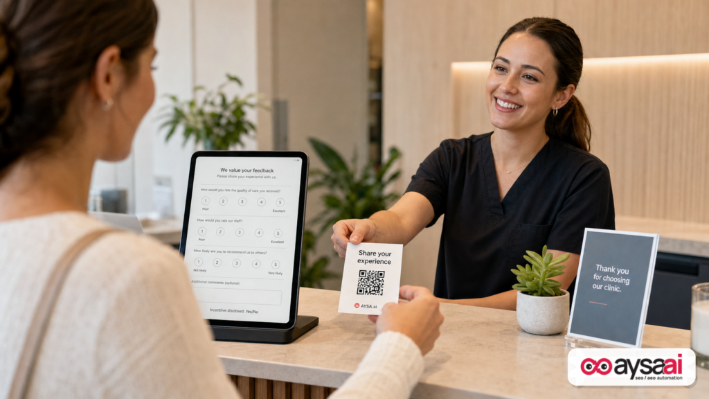 Clinic front desk using a tablet to request reviews with an incentive disclosure option.