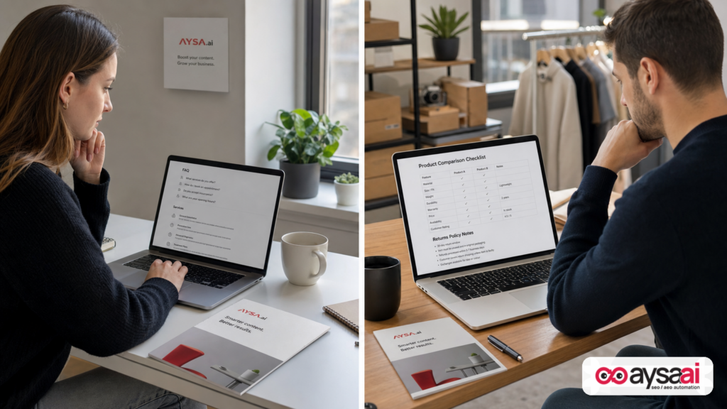 Clinic manager and ecommerce operator preparing content for AI-driven customer questions.