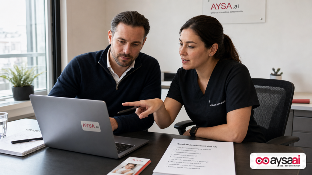 Clinic manager and marketer reviewing a YouTube campaign checklist tied to follow-up searches.