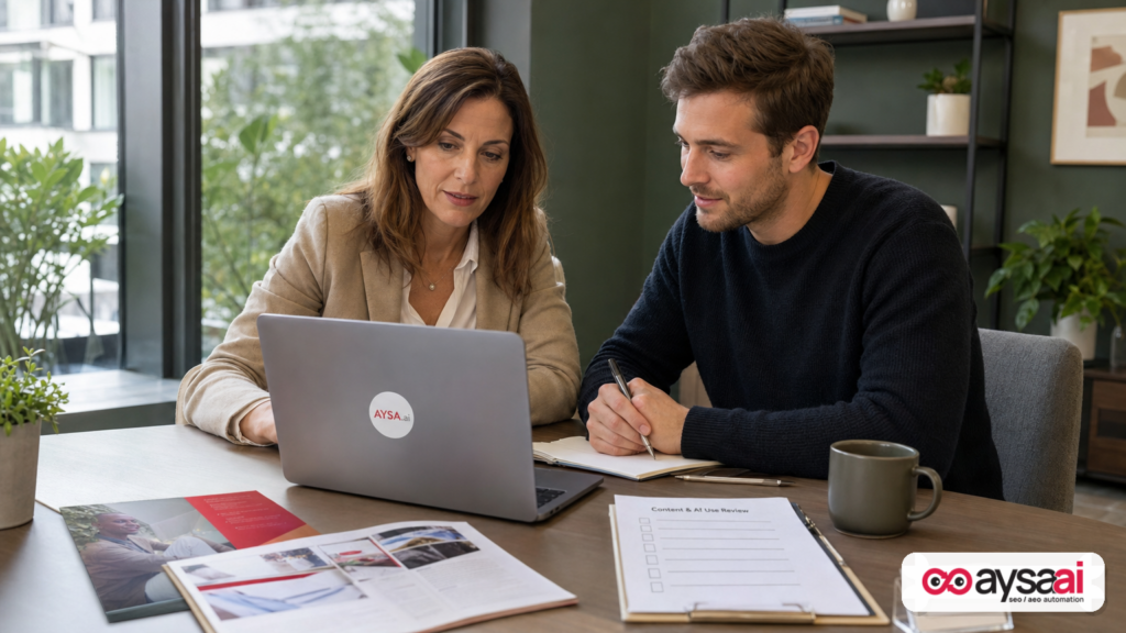 Clinic manager and marketer reviewing a website content plan and compliance checklist on a laptop.