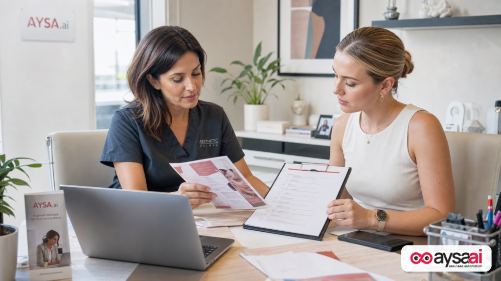 Clinic manager and marketer reviewing ad copy with a checklist before launching campaigns.