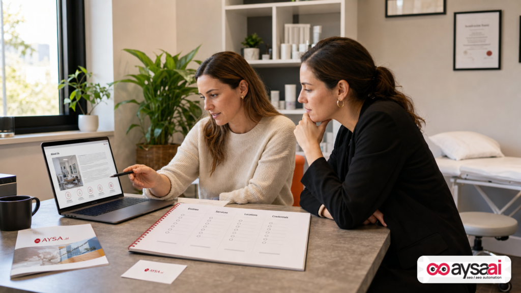 Clinic manager and marketer reviewing an entity-first SEO checklist for AI search visibility.