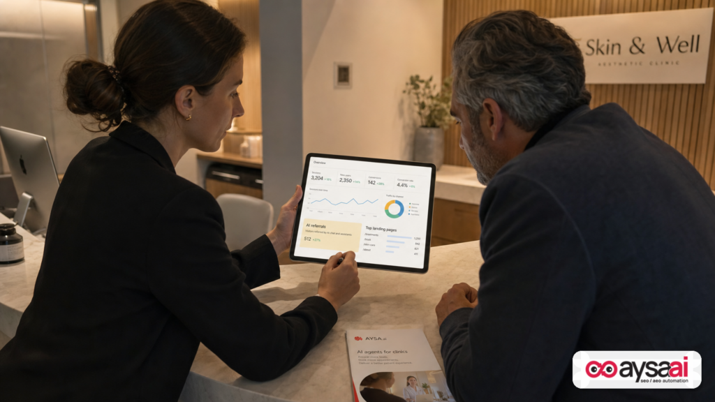 Clinic manager and marketer reviewing analytics for AI referrals and landing pages on a tablet.