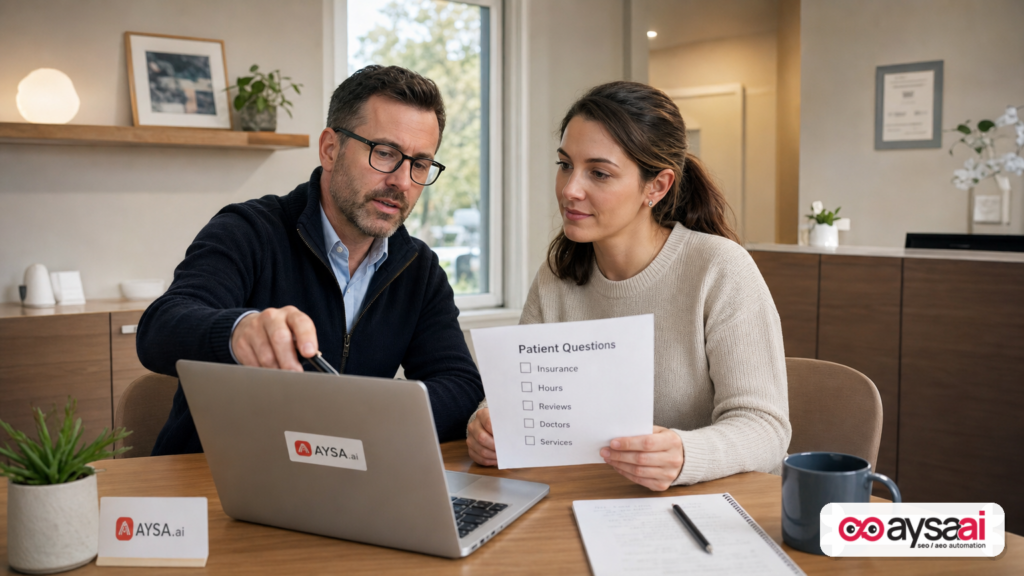 Clinic manager and marketer reviewing common patient questions and credibility signals on a laptop.
