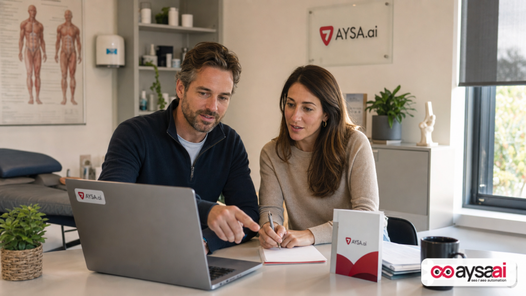 Clinic manager and marketer reviewing marketing notes and a content plan on a laptop.