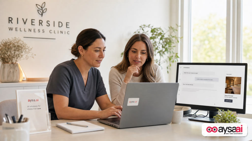 Clinic manager and marketer reviewing marketing performance and AI search visibility on screens.