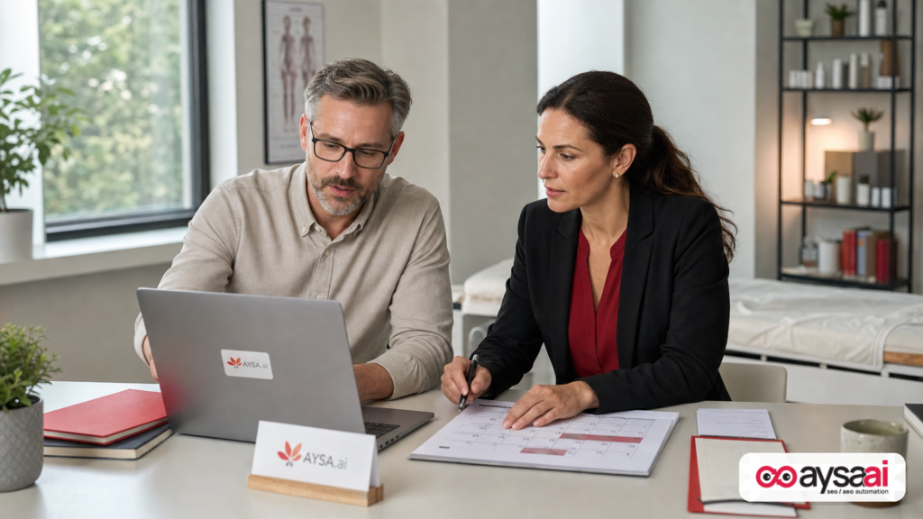 Clinic manager and marketer reviewing online visibility and appointment inquiries on a laptop.