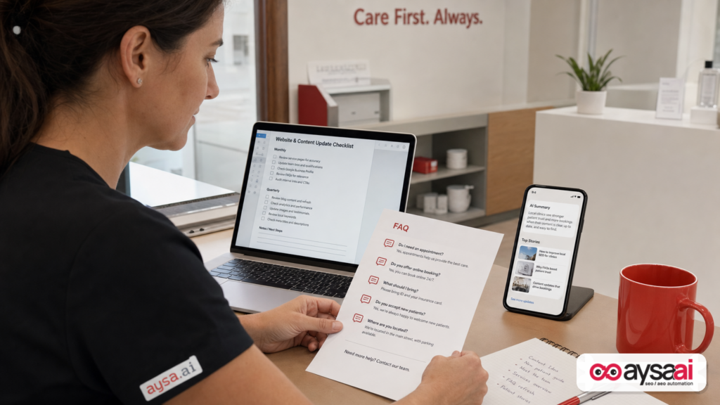 Clinic manager reviewing a content update checklist while checking a mobile search page with AI summary and news cards.