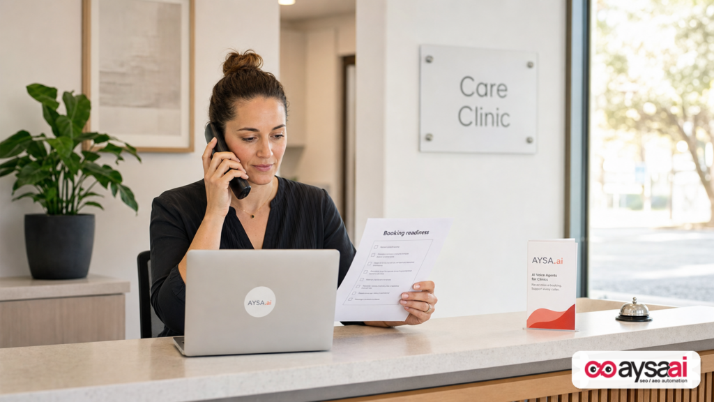 Clinic manager reviewing booking readiness and website operations for AI-driven appointments.
