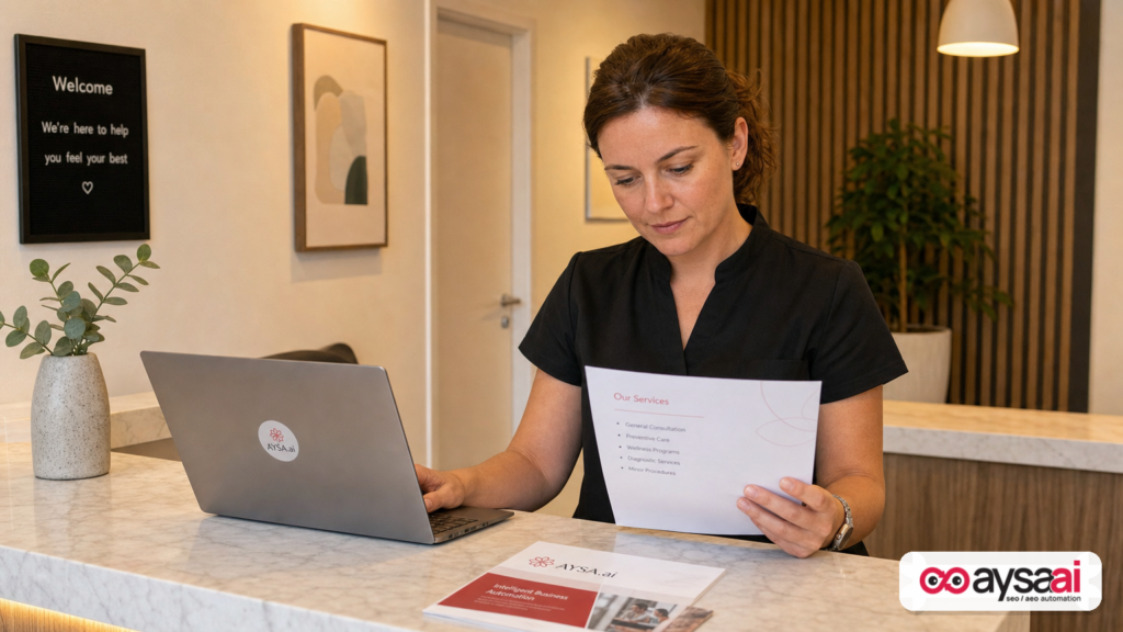 Clinic manager reviewing marketing performance with a laptop and printed service menu.