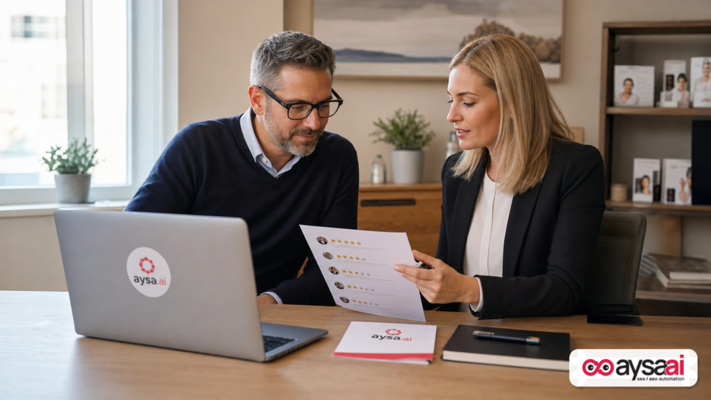 Clinic manager reviewing online reputation signals that influence AI recommendations.