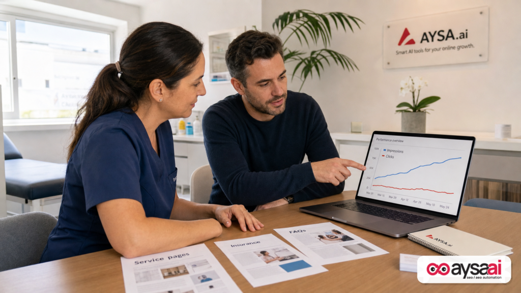 Clinic manager reviewing search performance trends and planning content updates.