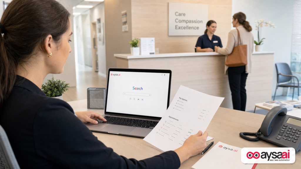 Clinic manager reviewing website traffic queries versus booked appointments.