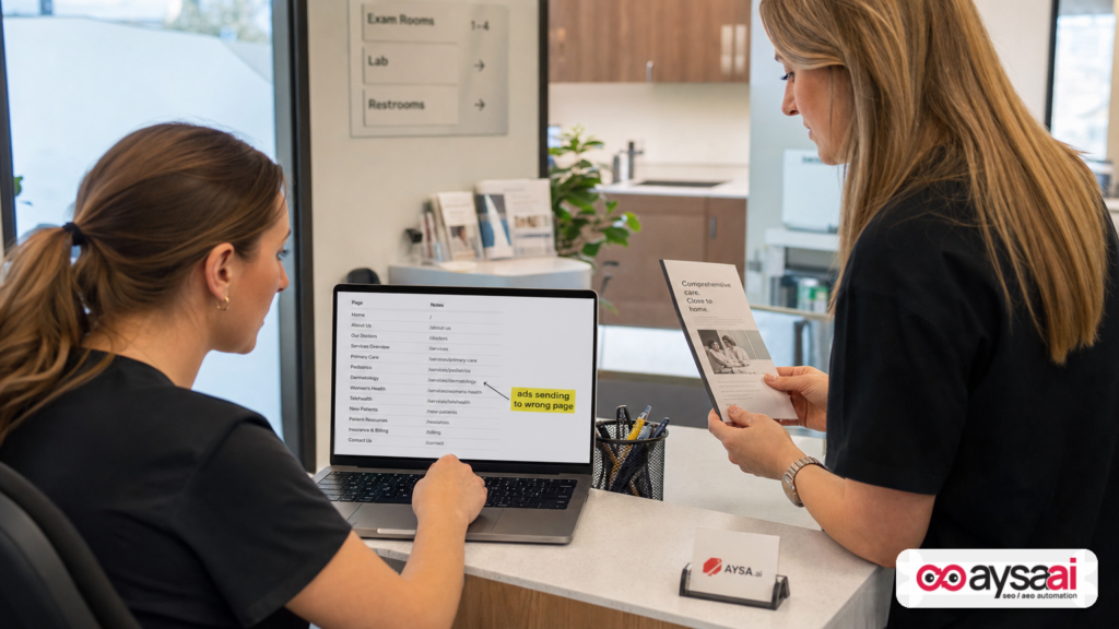 Clinic manager reviewing which landing pages ads are sending traffic to, to prevent mismatched services.