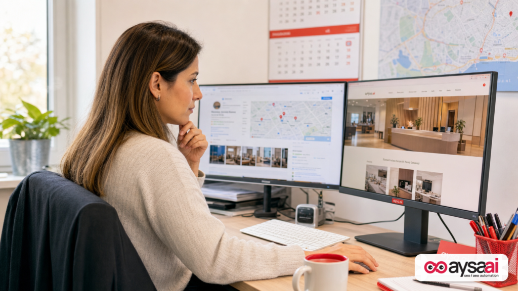Clinic marketing manager reviewing local information consistency across website and listings for AI search trust.