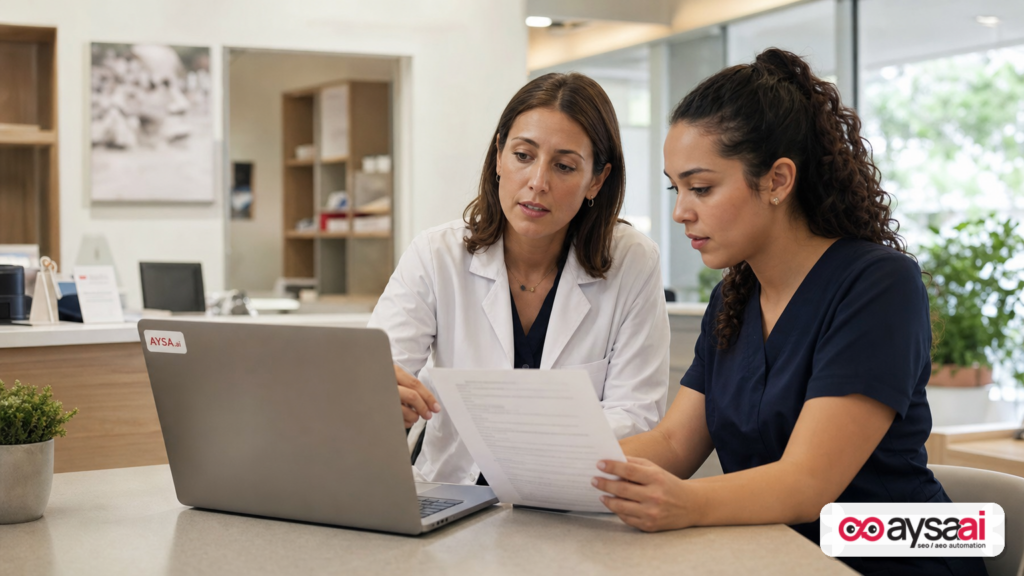 Clinic owner and staff reviewing website FAQs and appointment inquiries.
