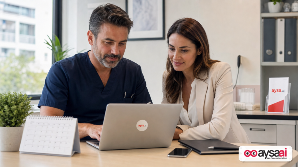 Clinic owner reviewing booking trends on a laptop with an office manager.