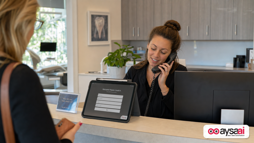 Clinic reception capturing how a caller heard about the business during scheduling