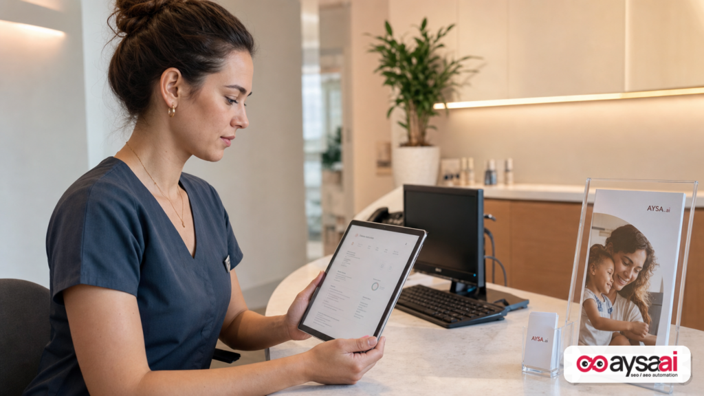 Clinic staff reviewing a tablet as AI search answers influence which businesses get chosen.