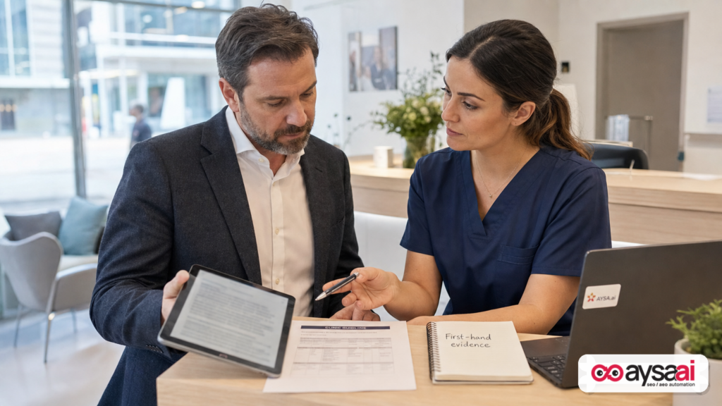 Clinic staff reviewing an AI-generated health answer versus their own verified guidance documents.