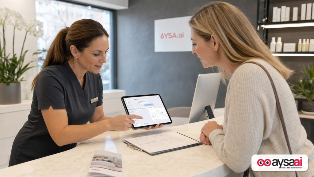 Clinic staff reviewing an appointment booking conversation on a tablet.